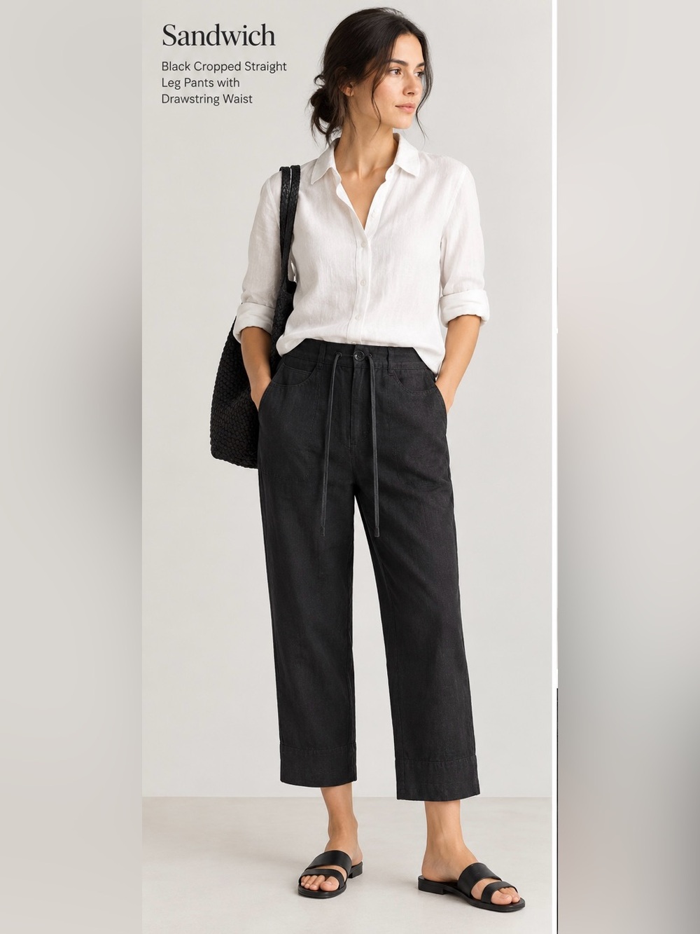 Sandwich Black Cropped Straight Leg Pants with Drawstring Waist Sz 40 /US M